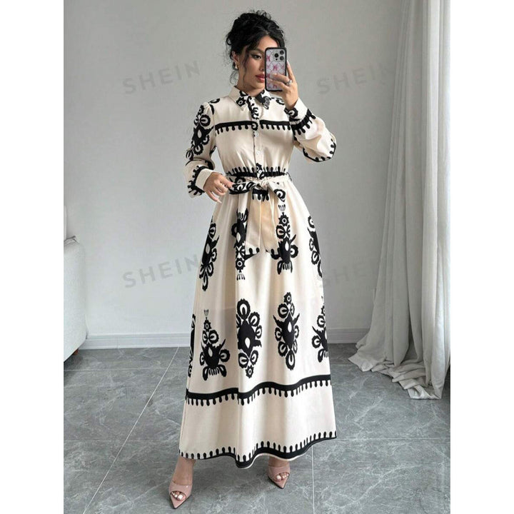 Damen Langarm-Maxikleid mit elegantem Knopfdesign und taillierbarem Gürtel Drune