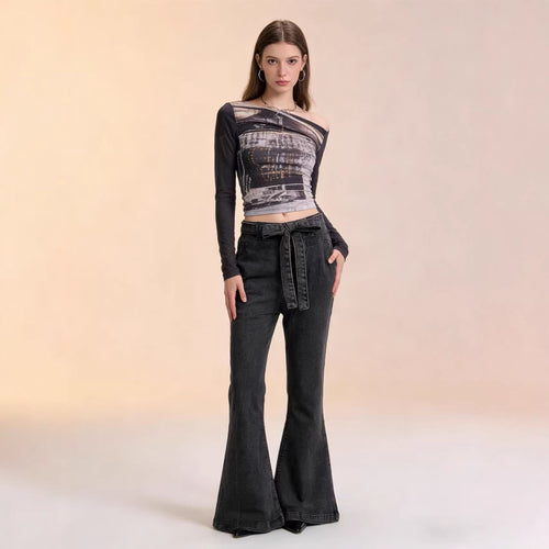 Damen Flared Jeans mit Gürtel und hohem Bund Drune