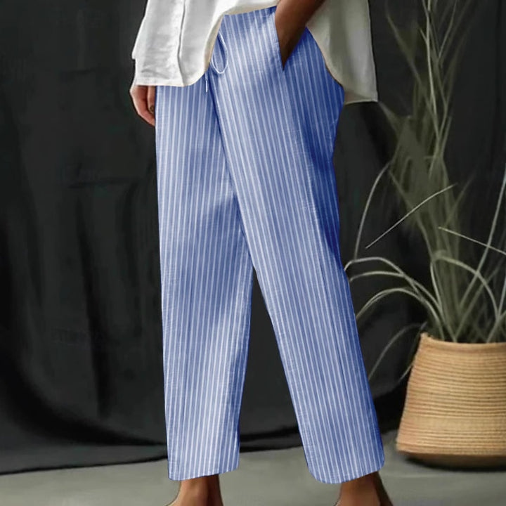 Damen gestreifte Leinen-Optik-Hose mit hohem Bund, Kordelzug und geradem, cropped Schnitt Drune