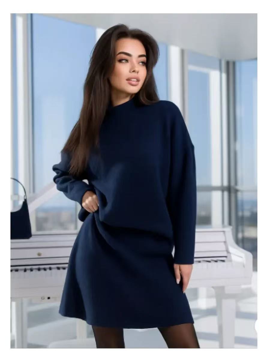Damen luxuriöses Strickensemble mit hohem Kragen und ausgestellten Ärmeln Drune
