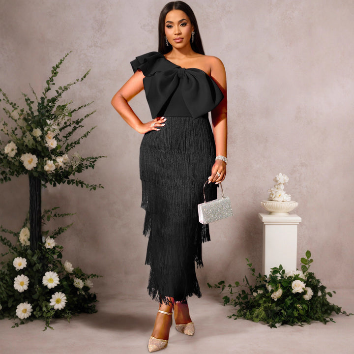 Damen Cocktailkleid mit voluminösem Rüschendesign und Fransen Drune