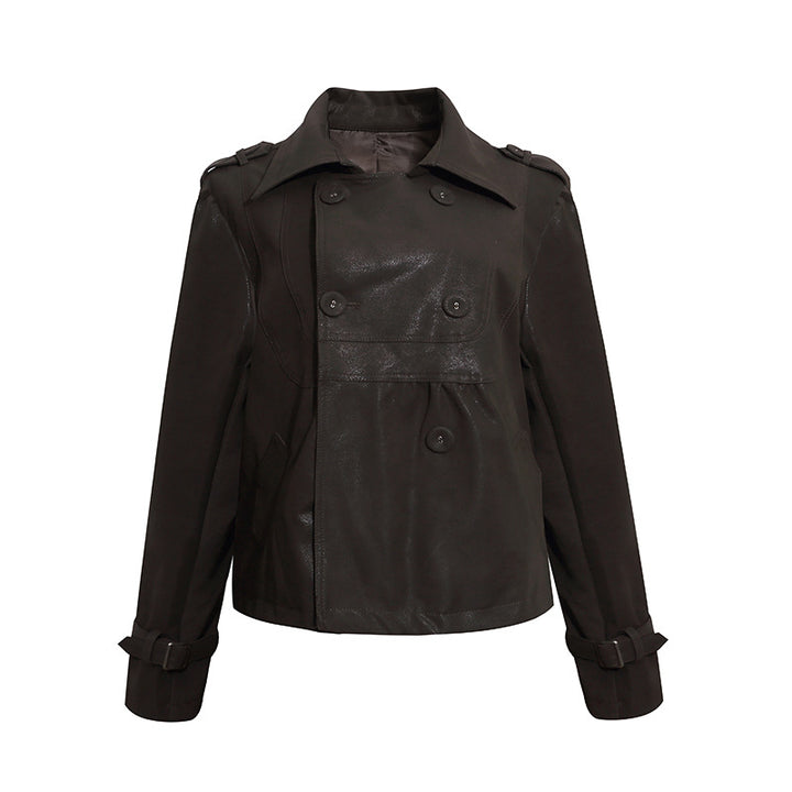 Damen Cropped Doppelreihige Lederjacke im Trenchstil mit Schulterklappen Drune