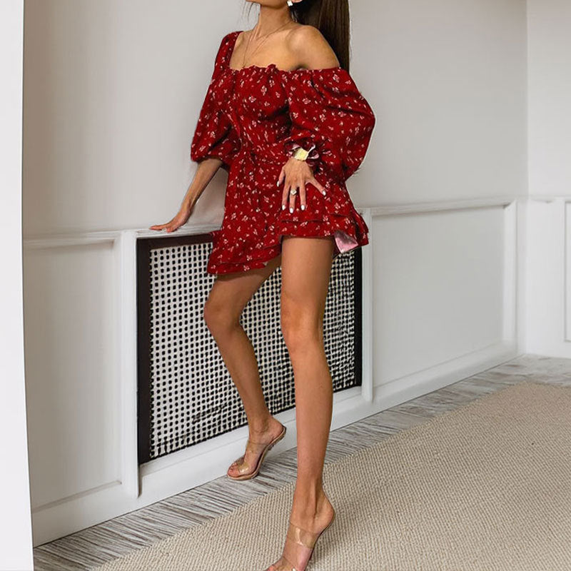Damen Off-Shoulder Kleid mit floralen Mustern und Rüschendetails Drune