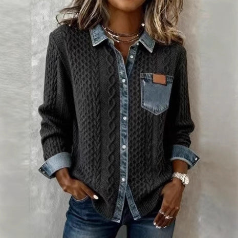 Damen Strickjacke mit Denim-Look-Kragen, dekorativer Knopfleiste und Brusttasche Drune