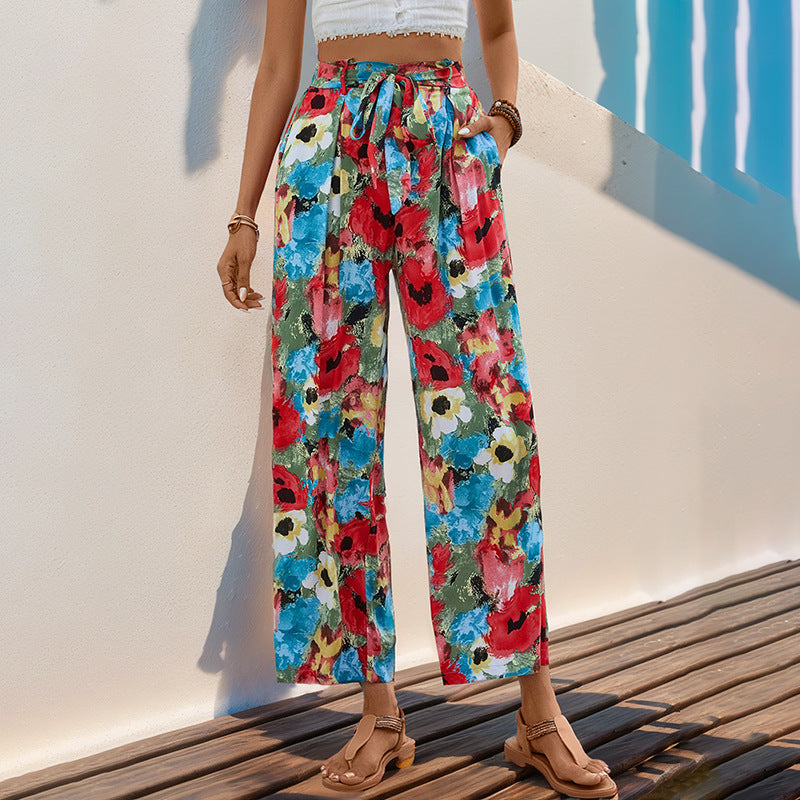 Damen Leichte High‑Waist Marlenehose mit floralem Aquarellprint, weitem Bein & Bindegürtel Drune