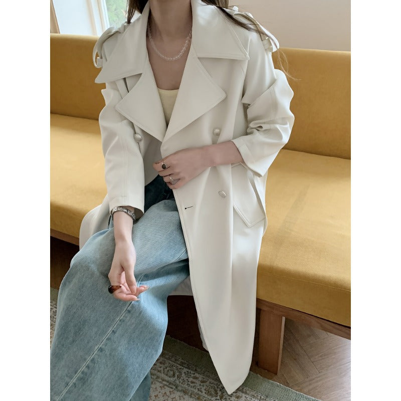 Damen Midilanger Trenchcoat mit Oversize-Schultern und Perlmuttknöpfen Drune