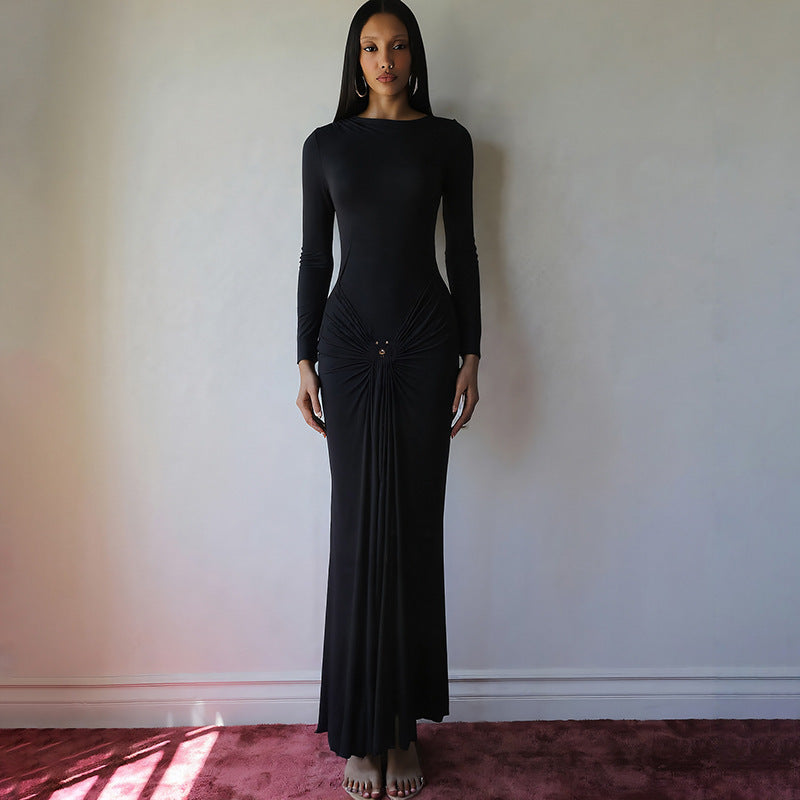 Damen Elegantes Maxikleid mit Drapierungsdetails und langem Arm Drune