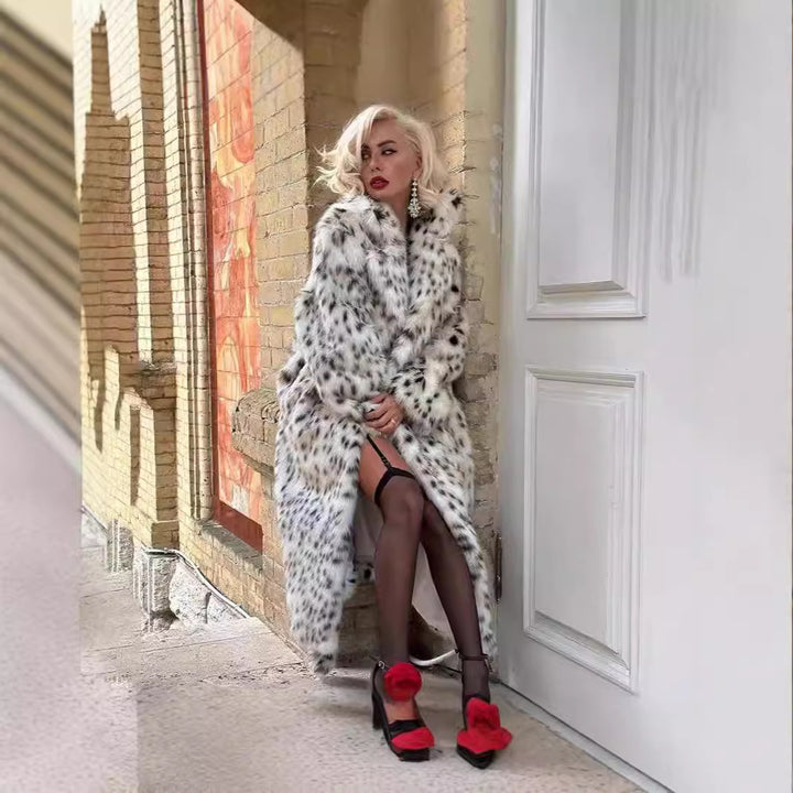 Damen langer Oversize Kunstpelzmantel mit Leopardenmuster und breitem Revers Drune