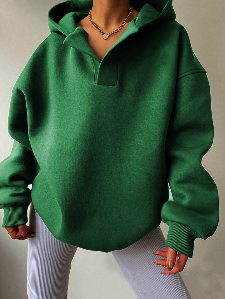 Damen Oversize-Kapuzenpullover mit V-Öffnung, tiefer Schulternaht und gerippten Bündchen Drune