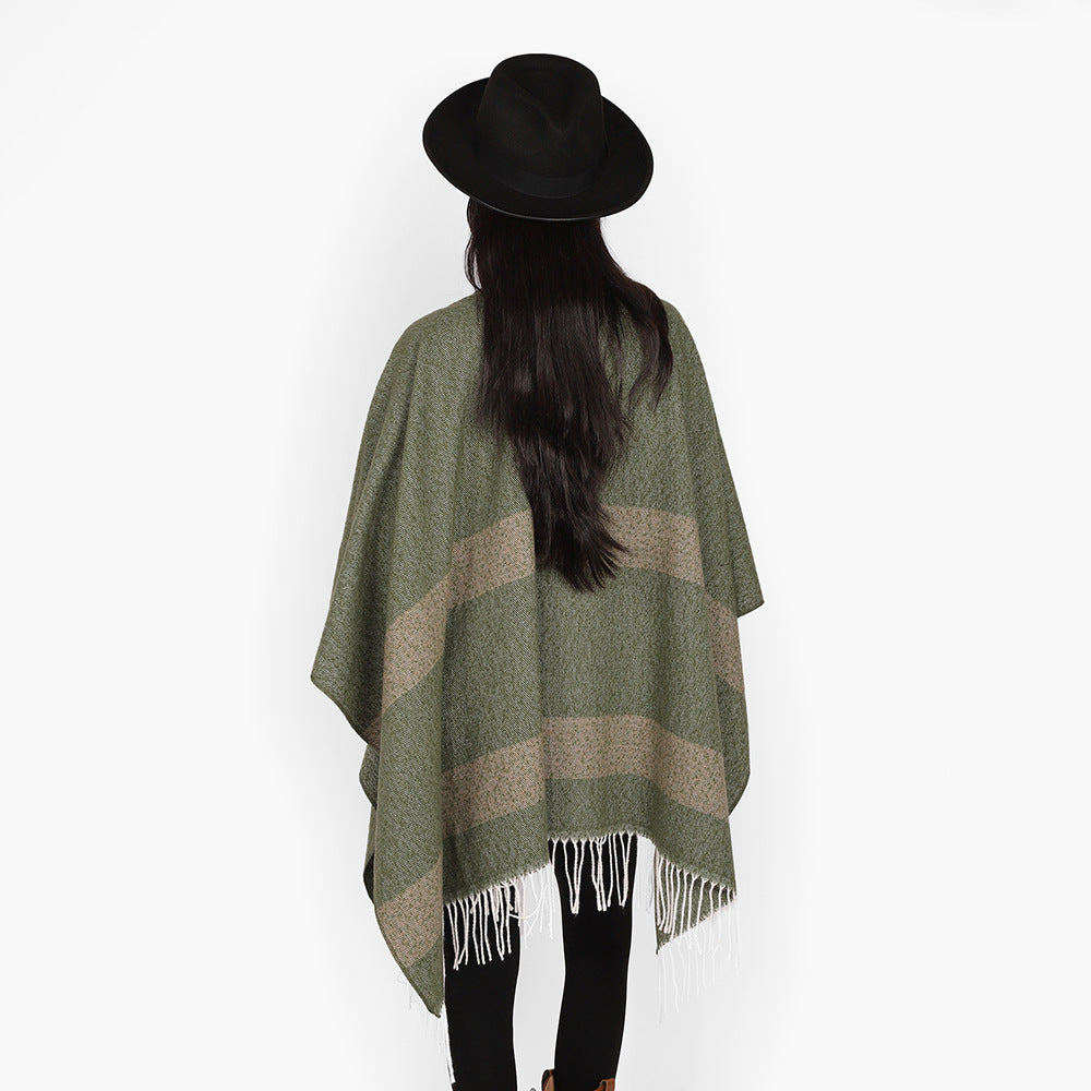 Damen Wollmix-Capeponcho mit Bindeschlaufen, weichgewebtem Oversize-Überwurf und Fransensaum Drune