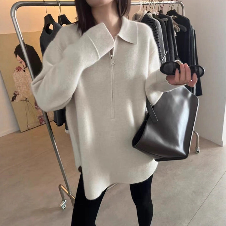 Damen Modischer Pullover mit Reißverschluss und Kragen Drune