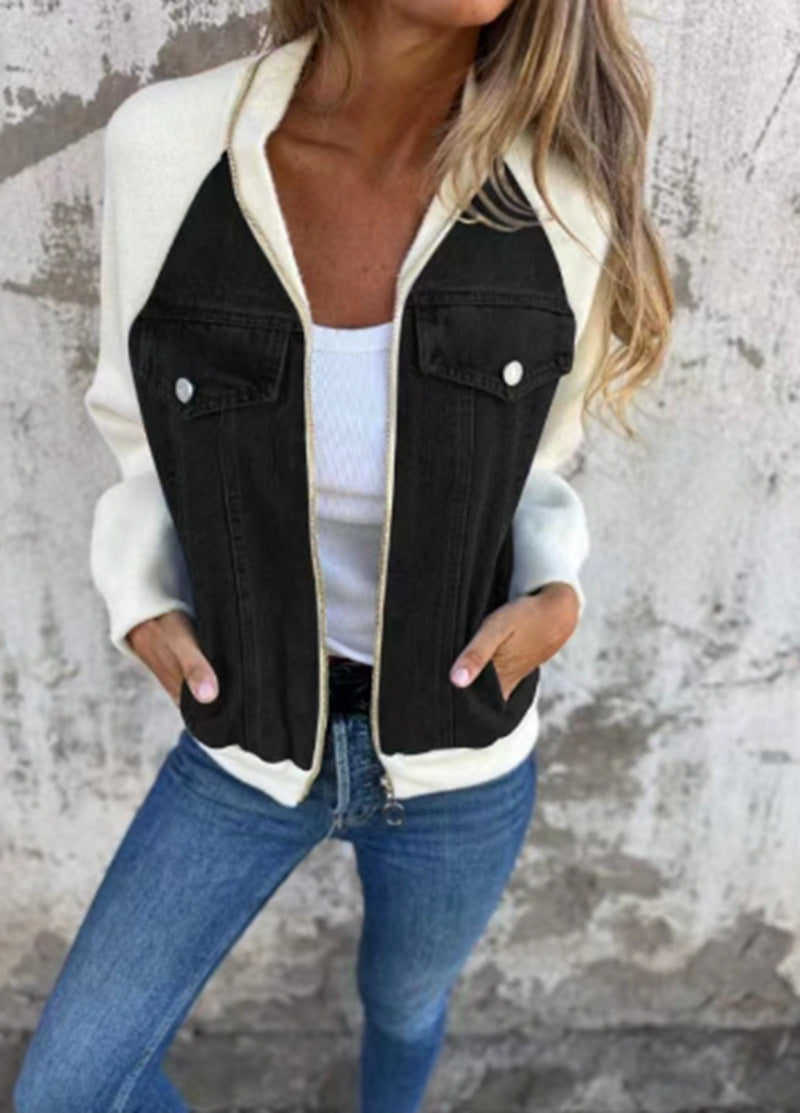 Damen nan Sweat-Jeans-Bomberjacke mit Raglanärmeln Brustklappen und Reißverschluss Drune