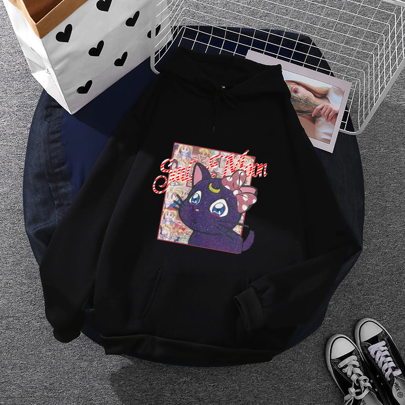 Damen nan Oversize-Kapuzenpullover mit glitzerndem Anime-Katzen-Motiv, Kängurutasche und weichem Fleece-Innenfutter Drune