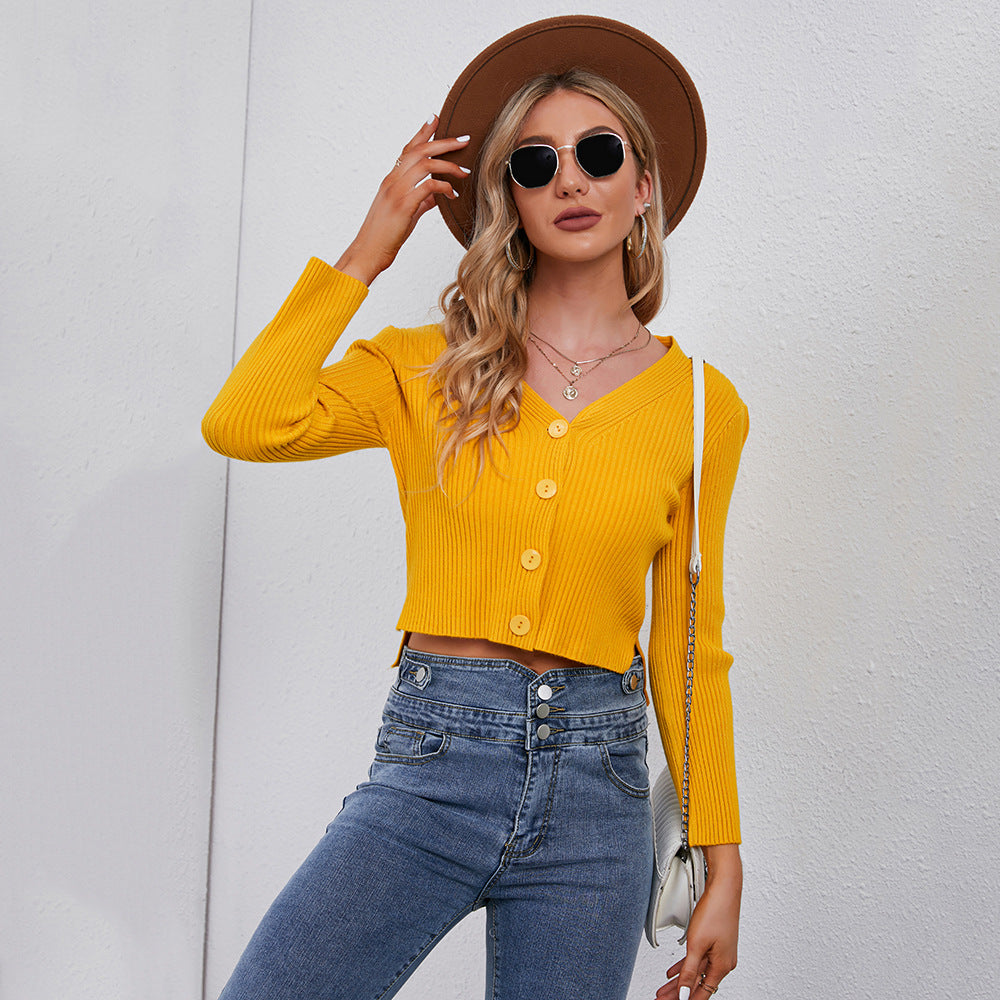 Damen Cropped Strickjacke mit modernen Knopfdetails Drune