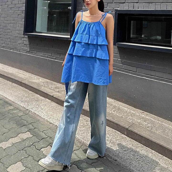 Damen luftiges Schwingkleid mit mehrlagigem Design und verstellbaren Trägern Drune