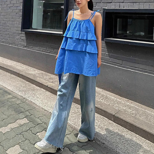Damen luftiges Schwingkleid mit mehrlagigem Design und verstellbaren Trägern Drune