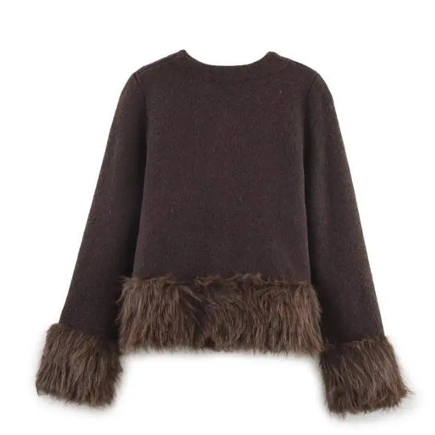 Damen nan kurze Wolljacke mit flauschigem Kunstfellbesatz am Saum und Ärmeln Drune