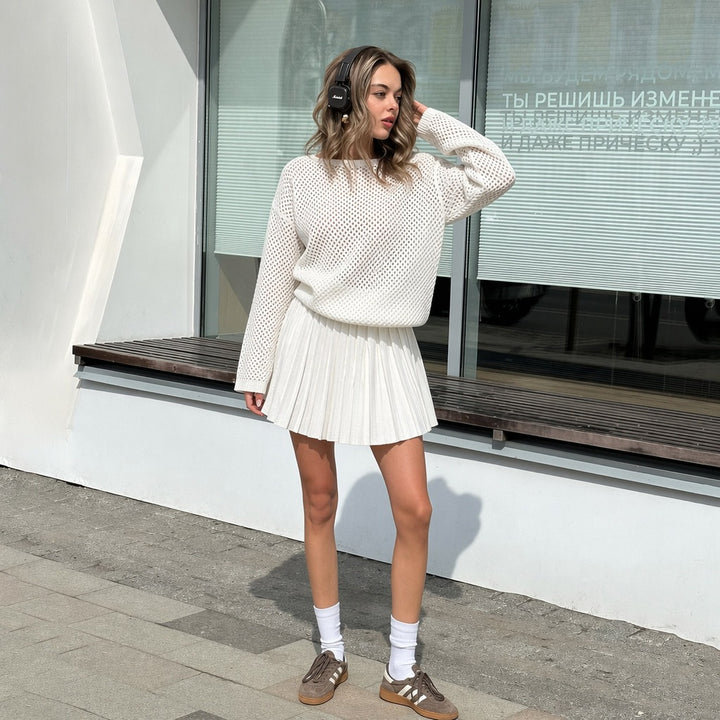 Damen oversized Netzstrickpullover mit plissiertem Minirock-Set Drune