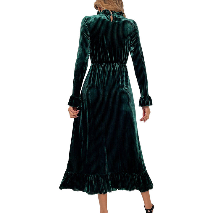 Damen Midikleid aus plissiertem Samt mit Stehkragen geraffter Taille und Volant-Saum Drune