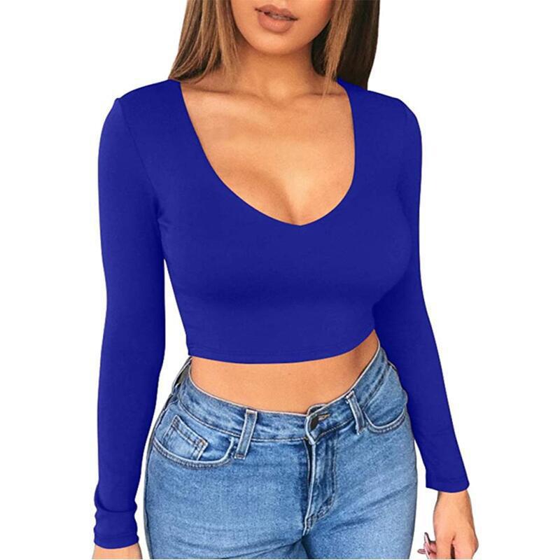 Damen modisches Crop-Top mit tiefem V-Ausschnitt und langen Ärmeln Drune