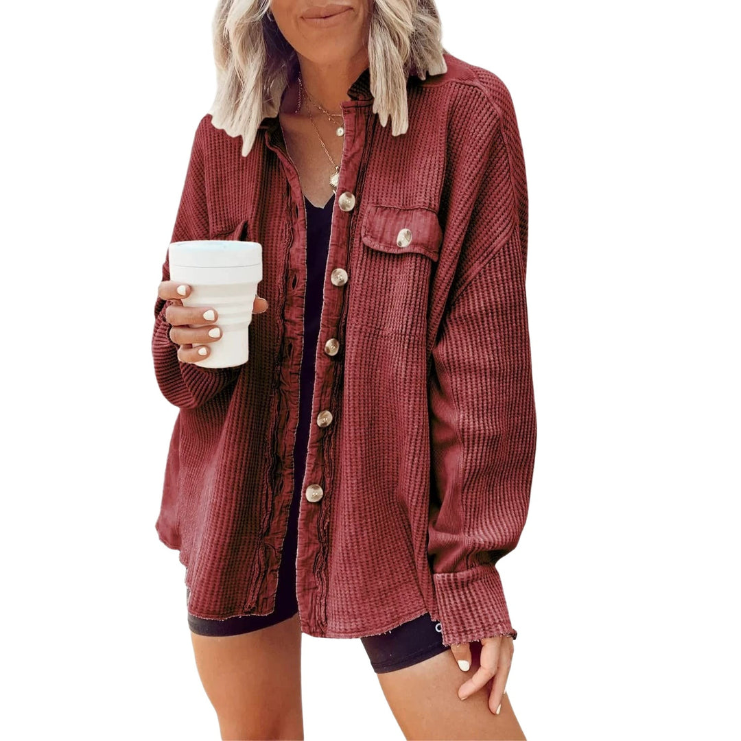 Damen Waffelstrick-Overshirt mit Knopfleiste und Brusttasche Drune