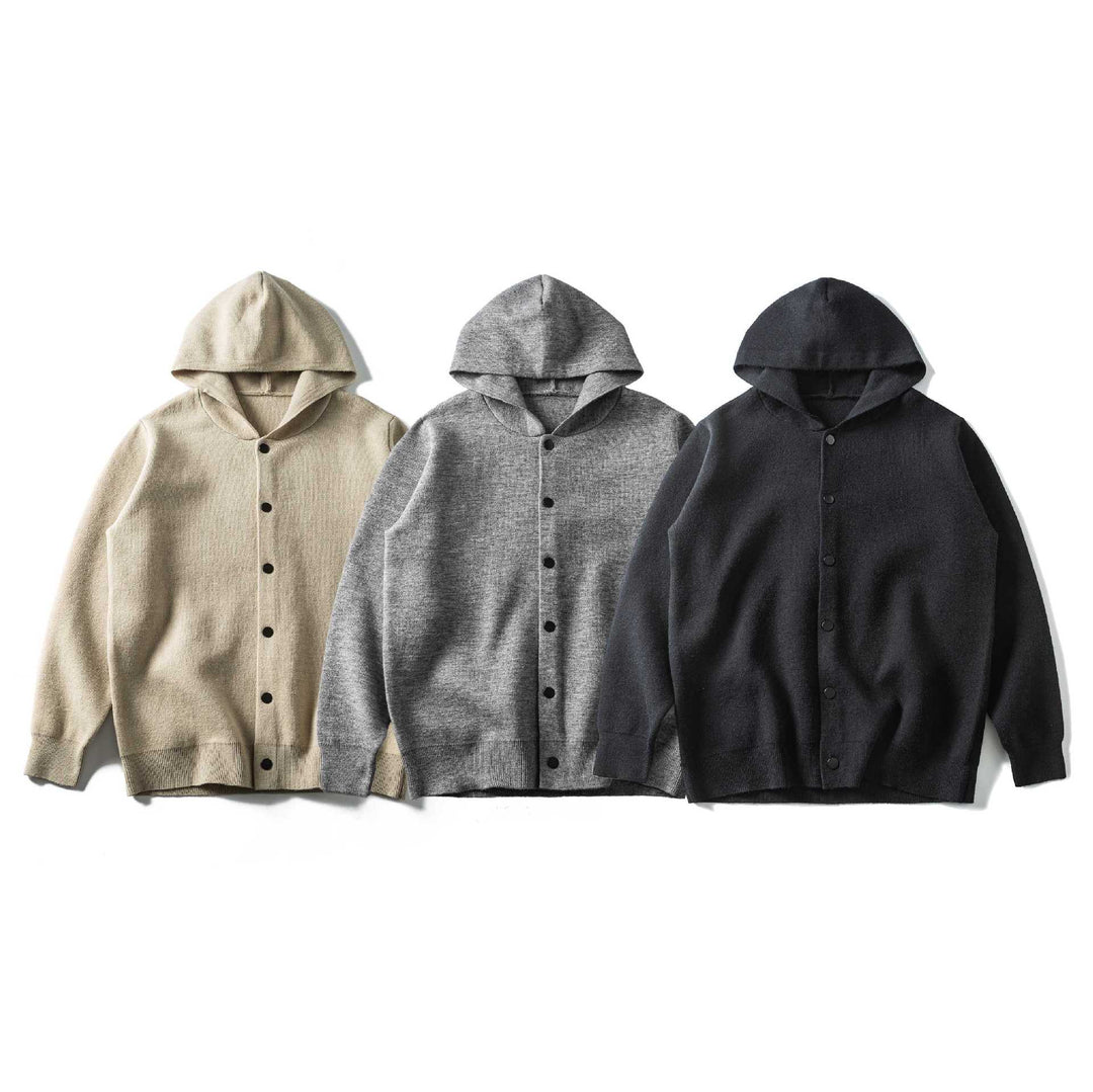 Unisex Leichte Kapuzen‑Strickjacke mit Druckknopfleiste und Rippbündchen Drune