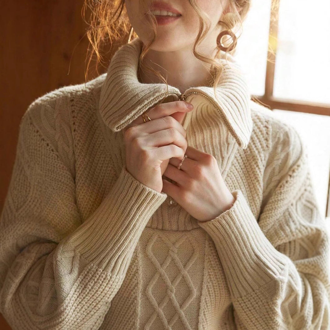 Damen Strickpullover mit hohem Kragen und Zipper Drune