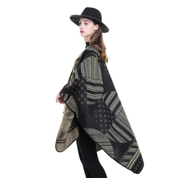 Damen Jacquard‑Ruana mit grafischem Muster und Kettelkante Drune
