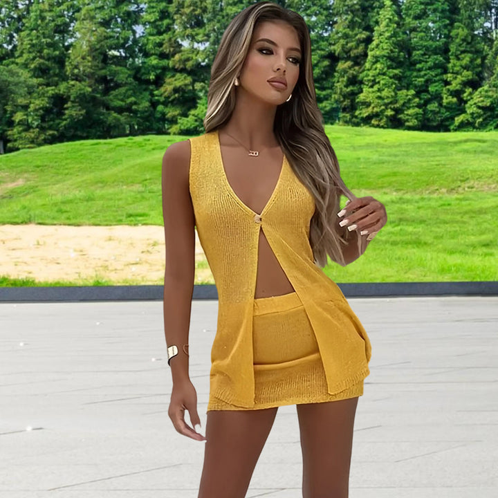 Damen Strick-Kleidungsset mit innovativem Schnitt und Knopfdetails Drune