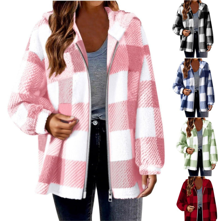 Damen Fleecejacke mit Karo-Muster und Kapuze Drune