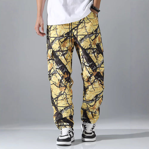 Herren Gemusterte Cargo-Jogginghose mit Tunnelzug, aufgesetzten Taschen & tapered Bein Drune