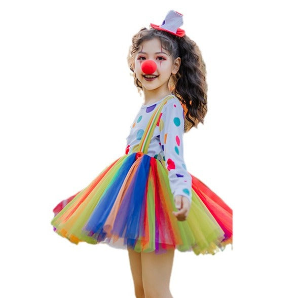 Mädchen Clownkostüm mit bunten Punkten und Tüllrock Drune