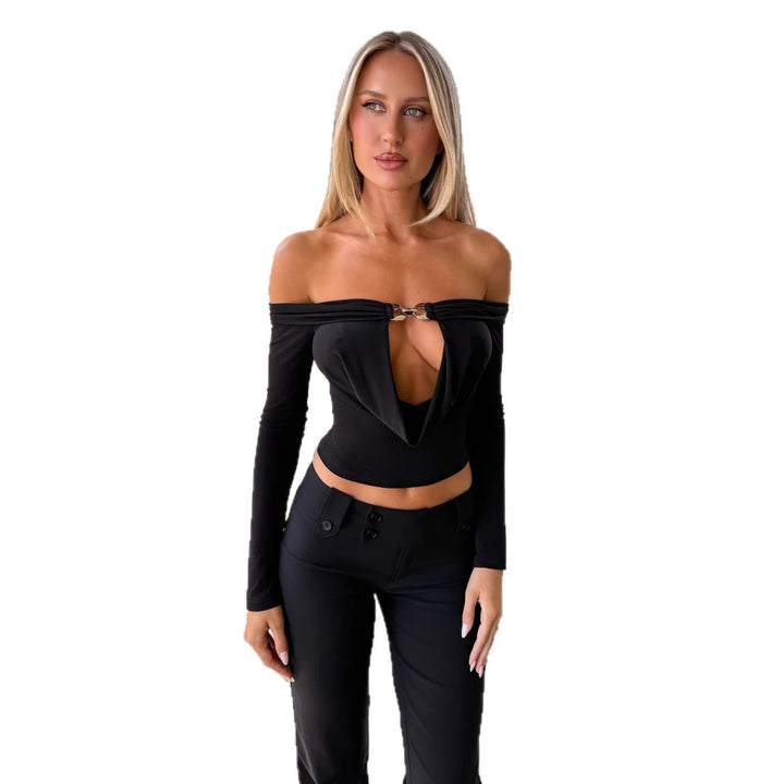 Damen Off-Shoulder Bluse mit dekorativem Ausschnitt und langen Ärmeln Drune