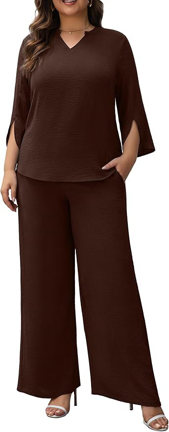 Damen Elegantes Zweiteiliges Palazzo-Set mit V‑Ausschnitt und geschlitzten 3/4‑Ärmeln Drune