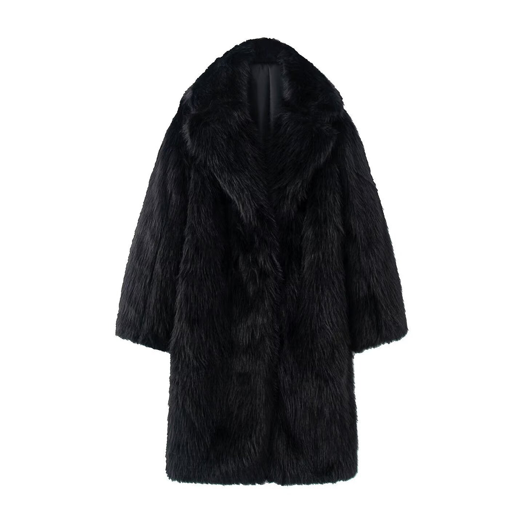 Damen Langer Oversize Kunstfellmantel mit voluminösem Schalkragen Drune