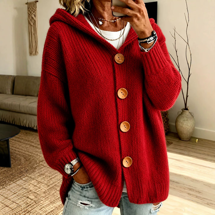 Damen Grobgestrickter Kapuzencardigan mit überlanger Silhouette, Holzknopfleiste und gerippten Bündchen Drune