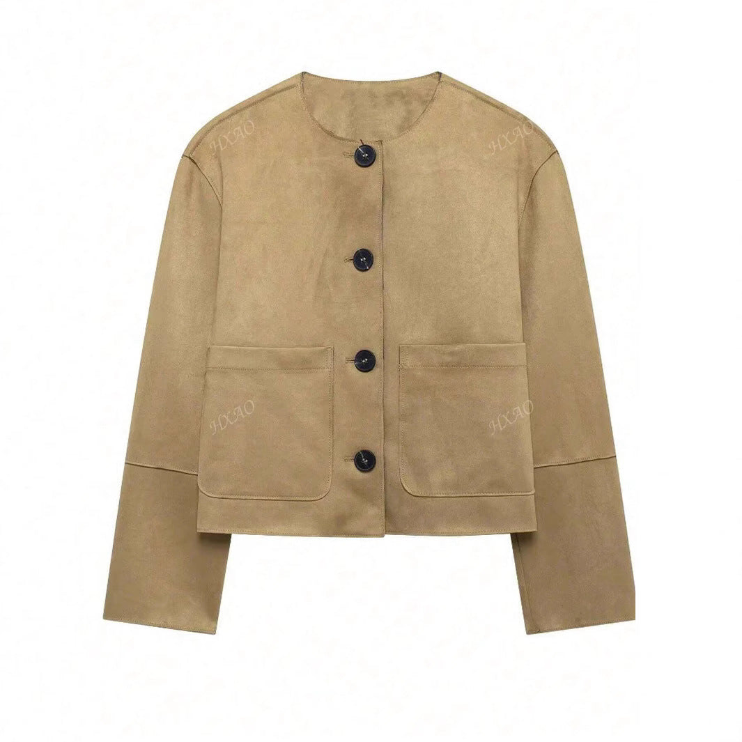Damen modische Kurzjacke mit praktischen Taschen und Knopfverschluss Drune