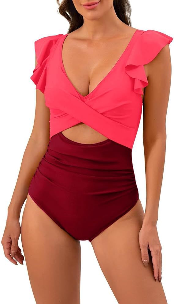 Damen Floral Badeanzug mit schmeichelnder Raffung Drune