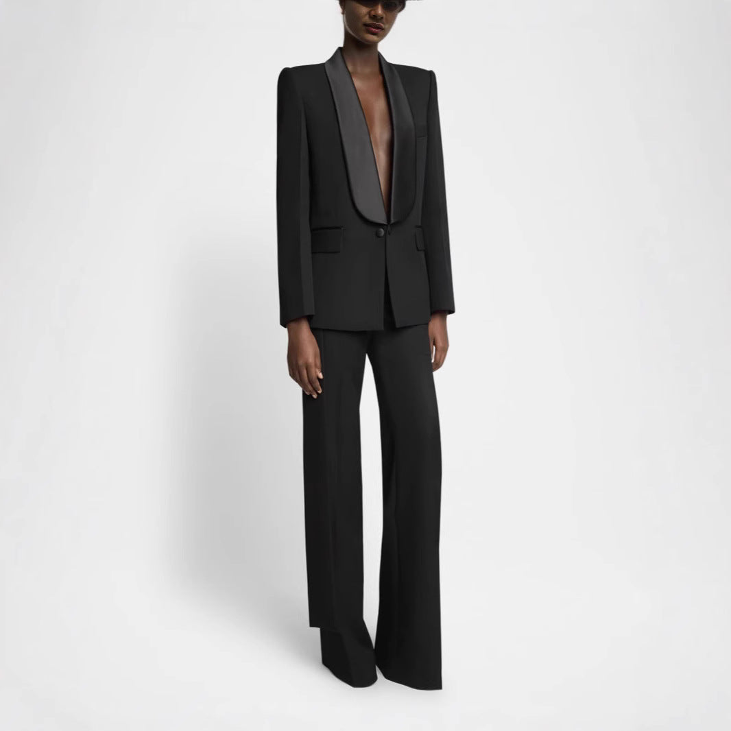 Damen Elegantes Smokingset mit Satin-Schalkragen und weitem Palazzohosen-Schnitt Drune