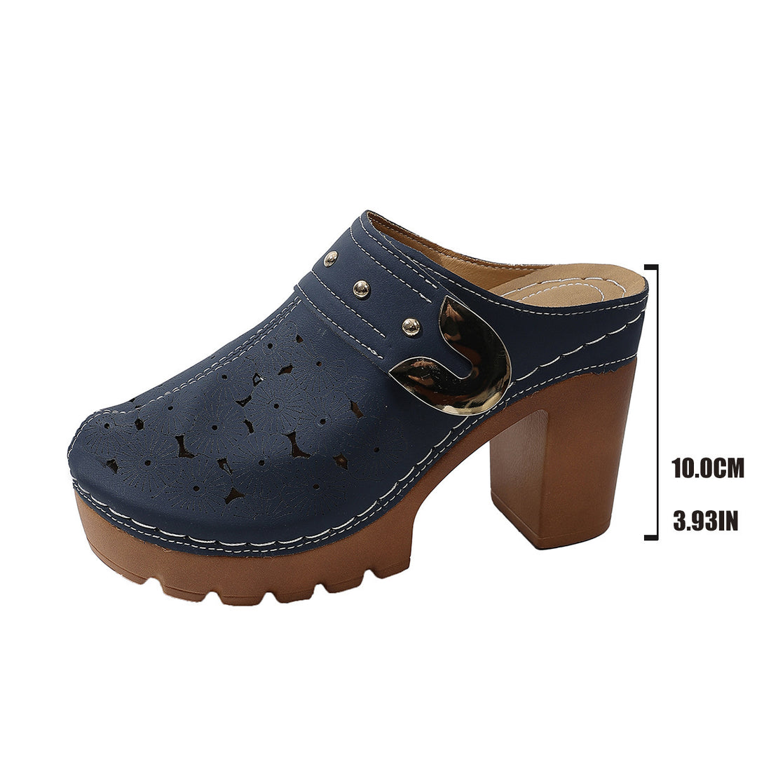 Damen Plateau-Clogs mit floralem Perforationsmuster, dekorativer Metallschnalle und hohem Blockabsatz Drune