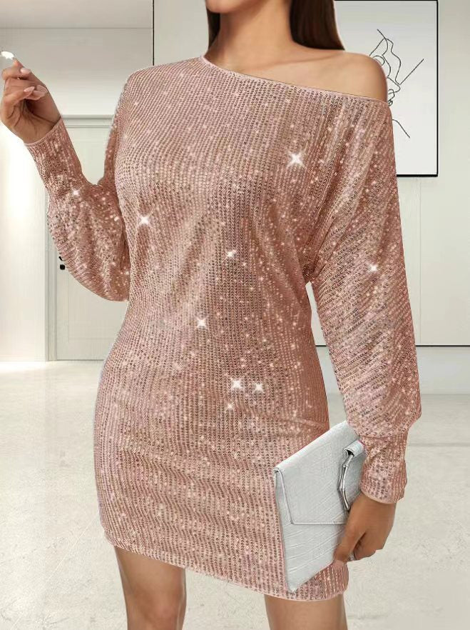 Damen Glamouröses Minikleid mit asymmetrischem Schulterdesign und Funkeleffekten Drune
