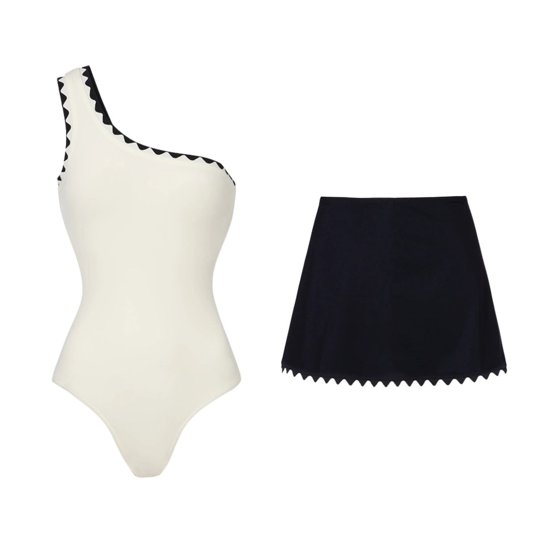 Damen Einteiler Badeanzug mit asymmetrischem Design und passendem Rock Drune