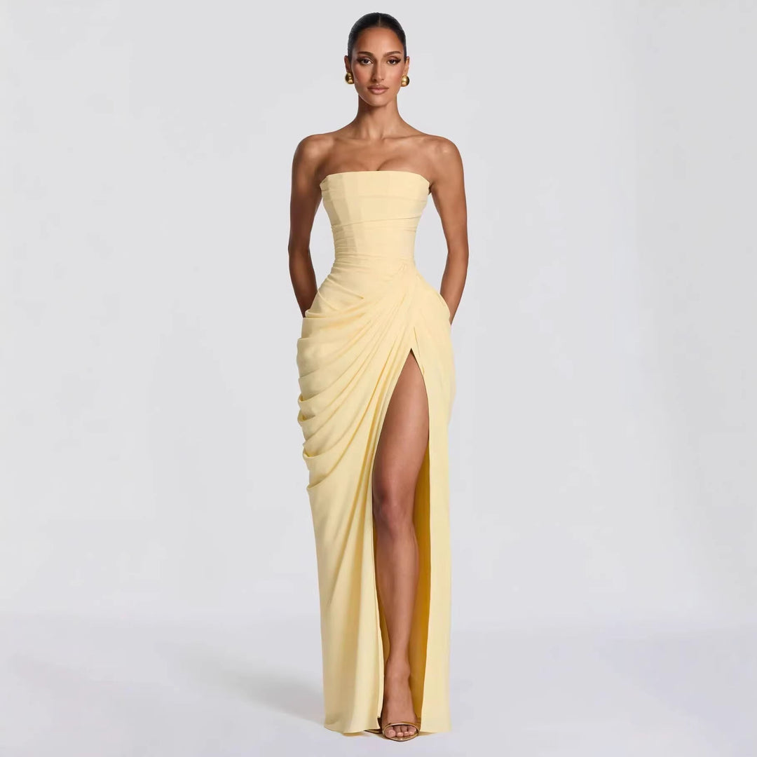 Damen Elegantes Bandeau Abendkleid mit Raffungen und Beinschlitz Drune