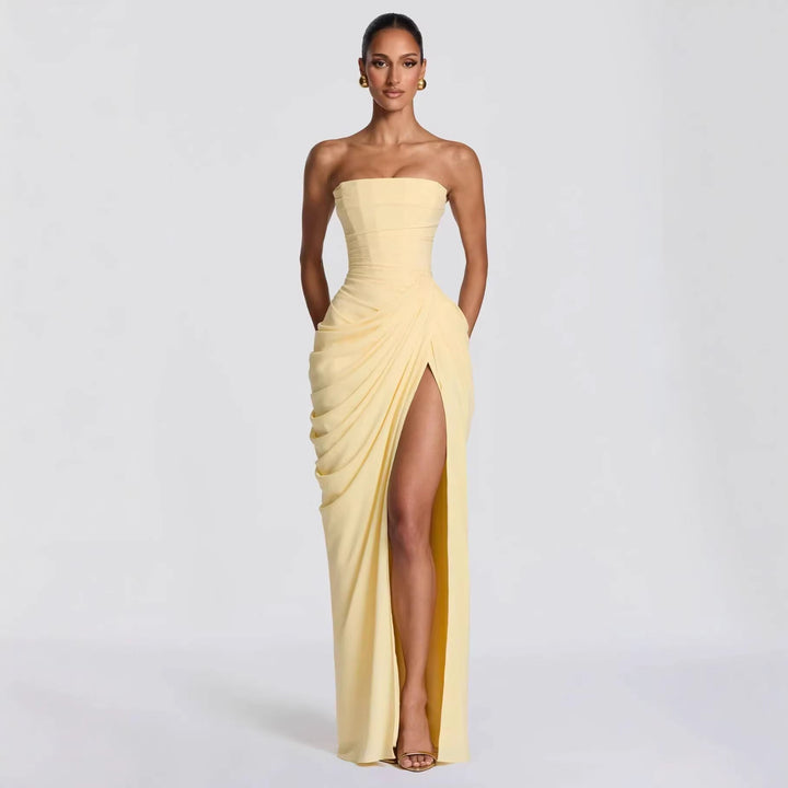 Damen Elegantes Bandeau Abendkleid mit Raffungen und Beinschlitz Drune