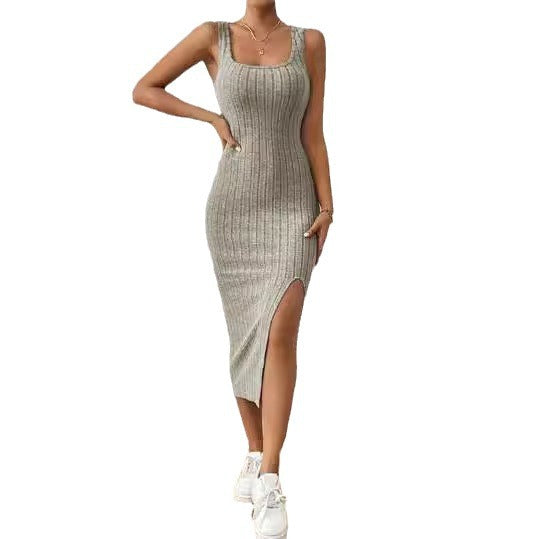 Damen figurbetontes Maxikleid mit hohem Schlitz und dekorativem Rippenmuster Drune