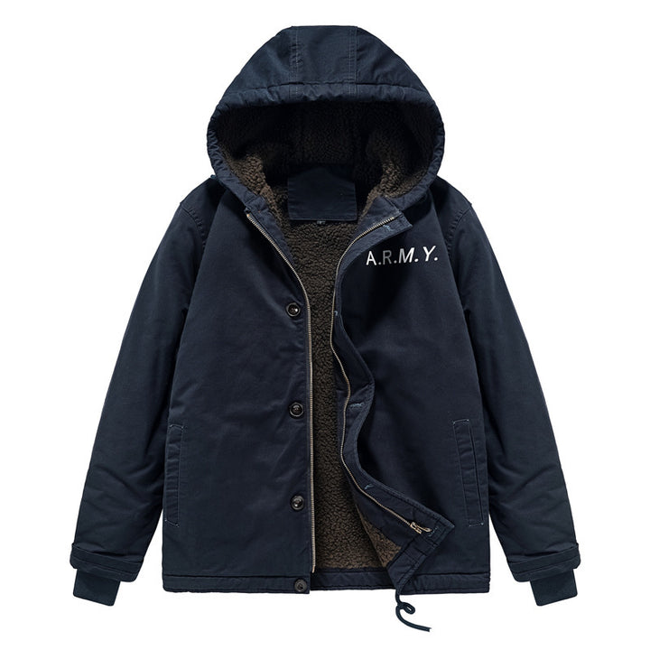 Herren Gefütterte Fieldjacke im Army‑Stil mit Teddyfleece‑Innenfutter und Kapuze Drune