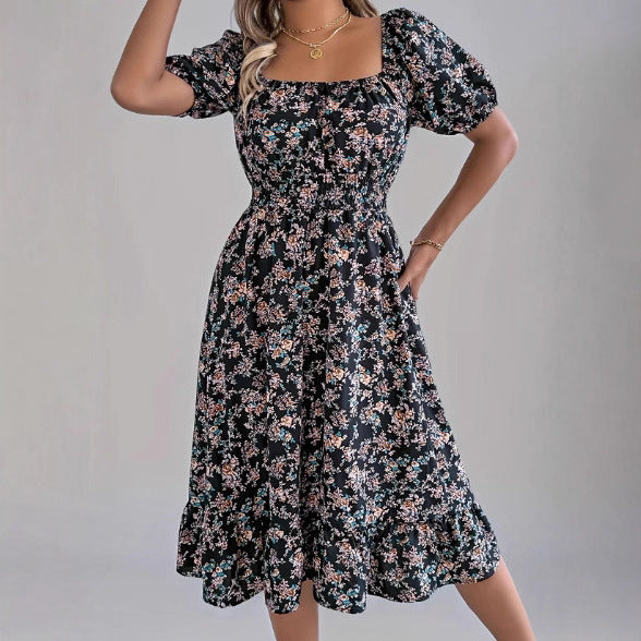 Damen sommerliches Blumenkleid mit Puffärmeln und Rüschensaum Drune