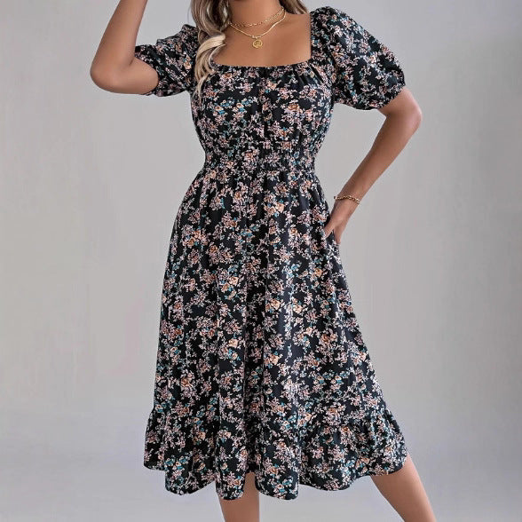 Damen sommerliches Blumenkleid mit Puffärmeln und Rüschensaum Drune