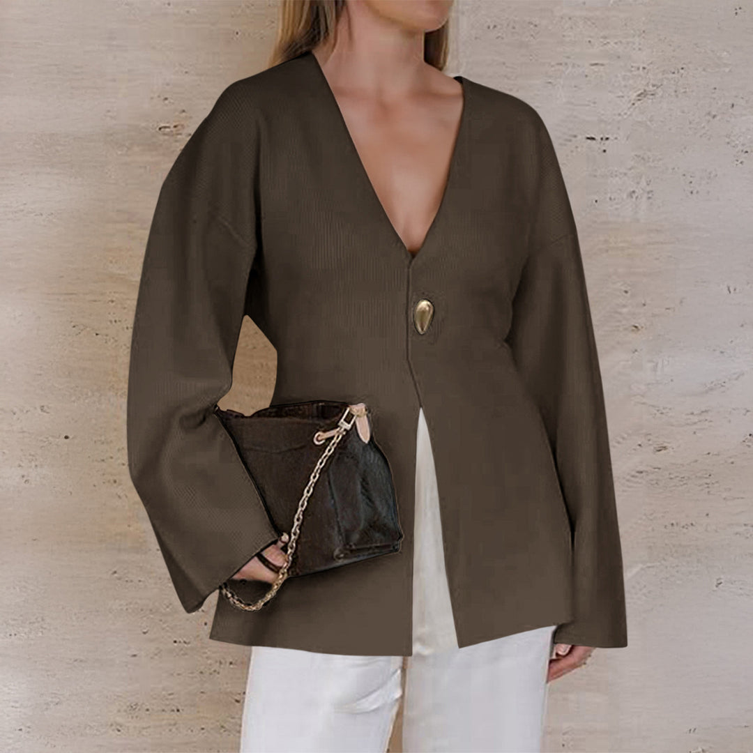 Damen nan taillierter Feinstrick-Cardigan mit V-Ausschnitt, Zierknopf und frontaler Schlitz Drune