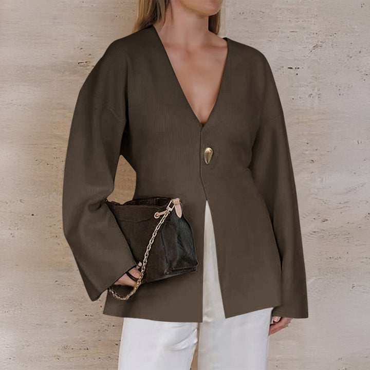 Damen nan taillierter Feinstrick-Cardigan mit V-Ausschnitt, Zierknopf und frontaler Schlitz Drune